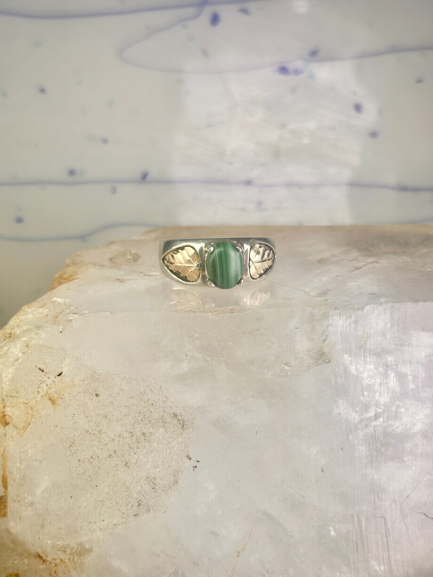 Black Hills Gold malachite ring leaves band size 10 sterling silver women men