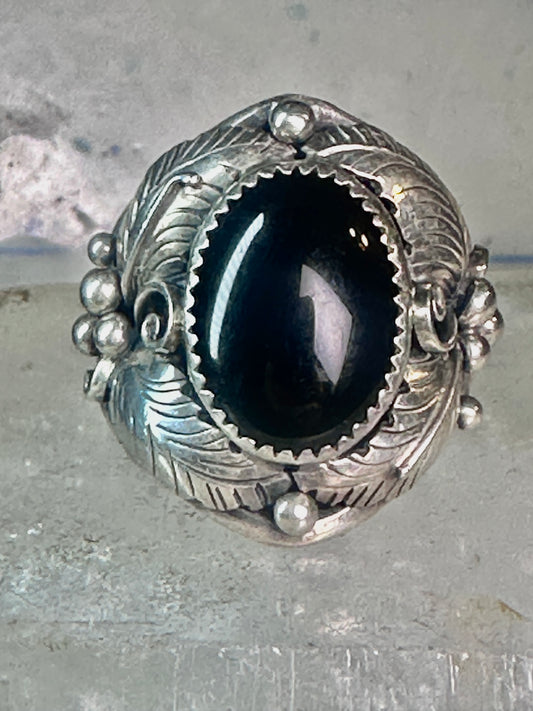 Navajo onyx ring Leaves Vintage Size 10 sterling silver women men