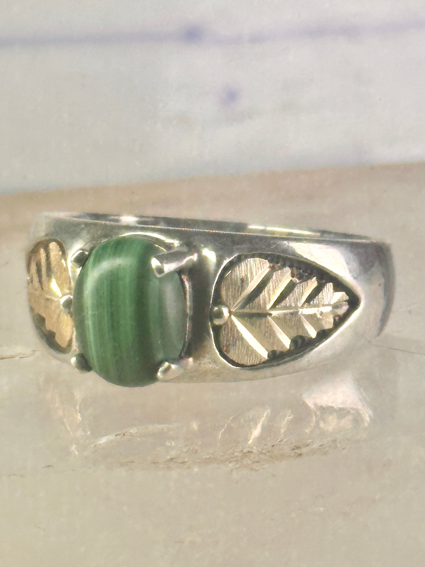 Black Hills Gold malachite ring leaves band size 10 sterling silver women men