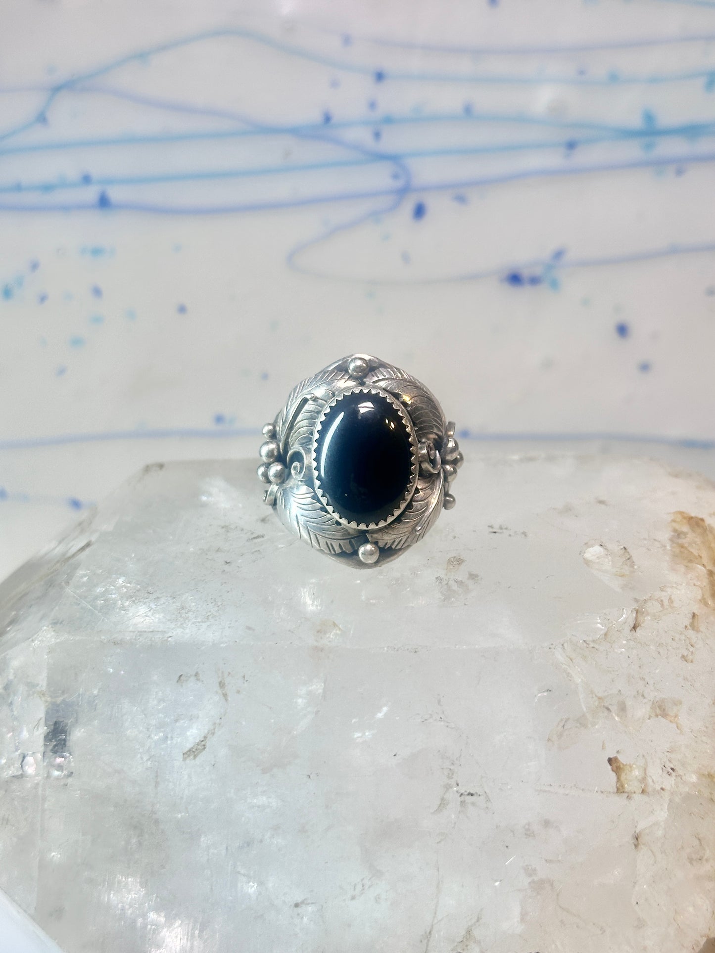 Navajo onyx ring Leaves Vintage Size 10 sterling silver women men