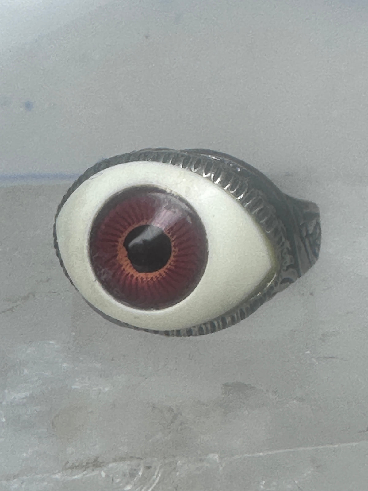 Vintage Sterling Silver Brown Eyeball Ring Gothic Statement Band Size 7.50 925