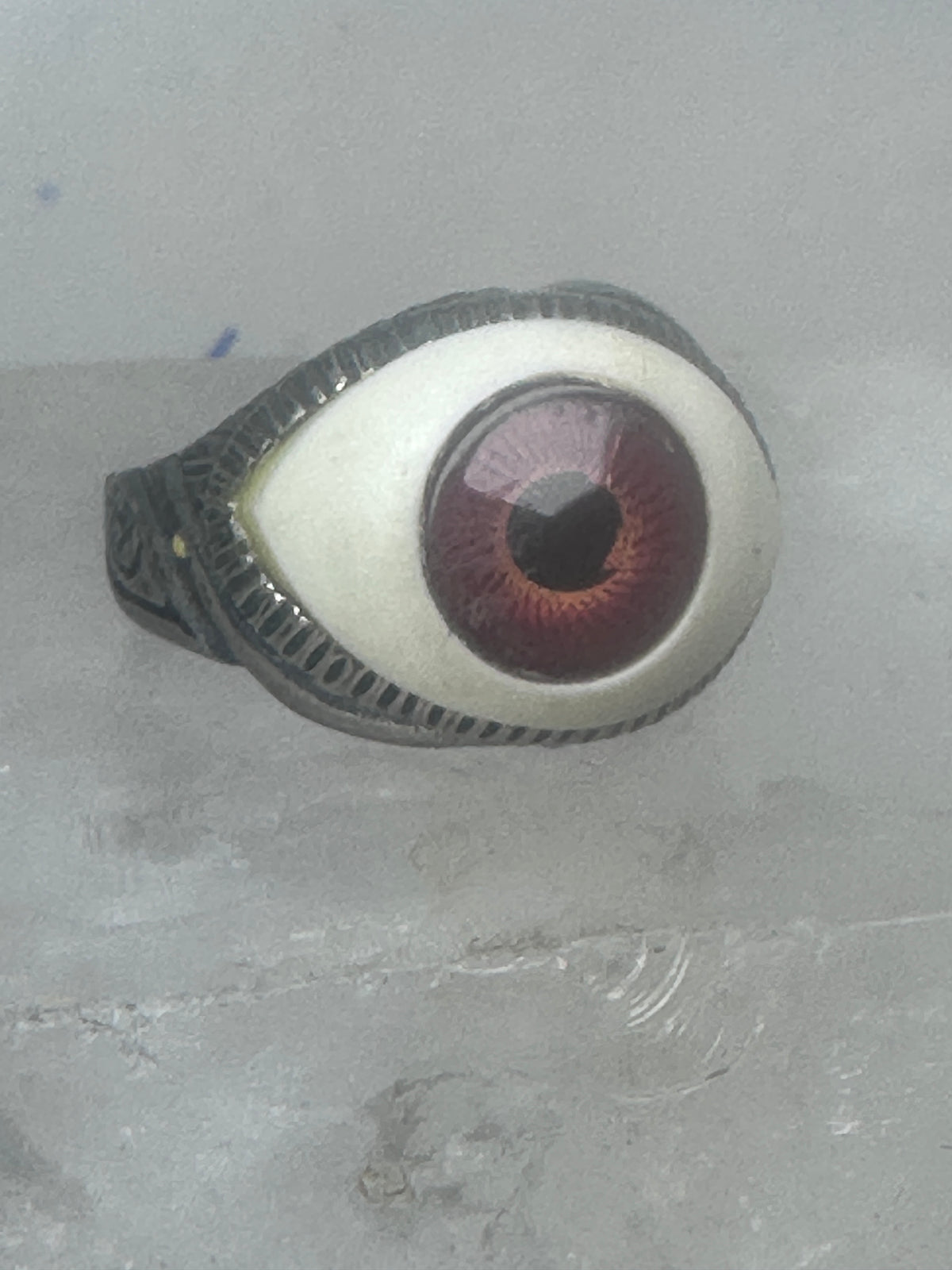 Vintage Sterling Silver Brown Eyeball Ring Gothic Statement Band Size 7.50 925