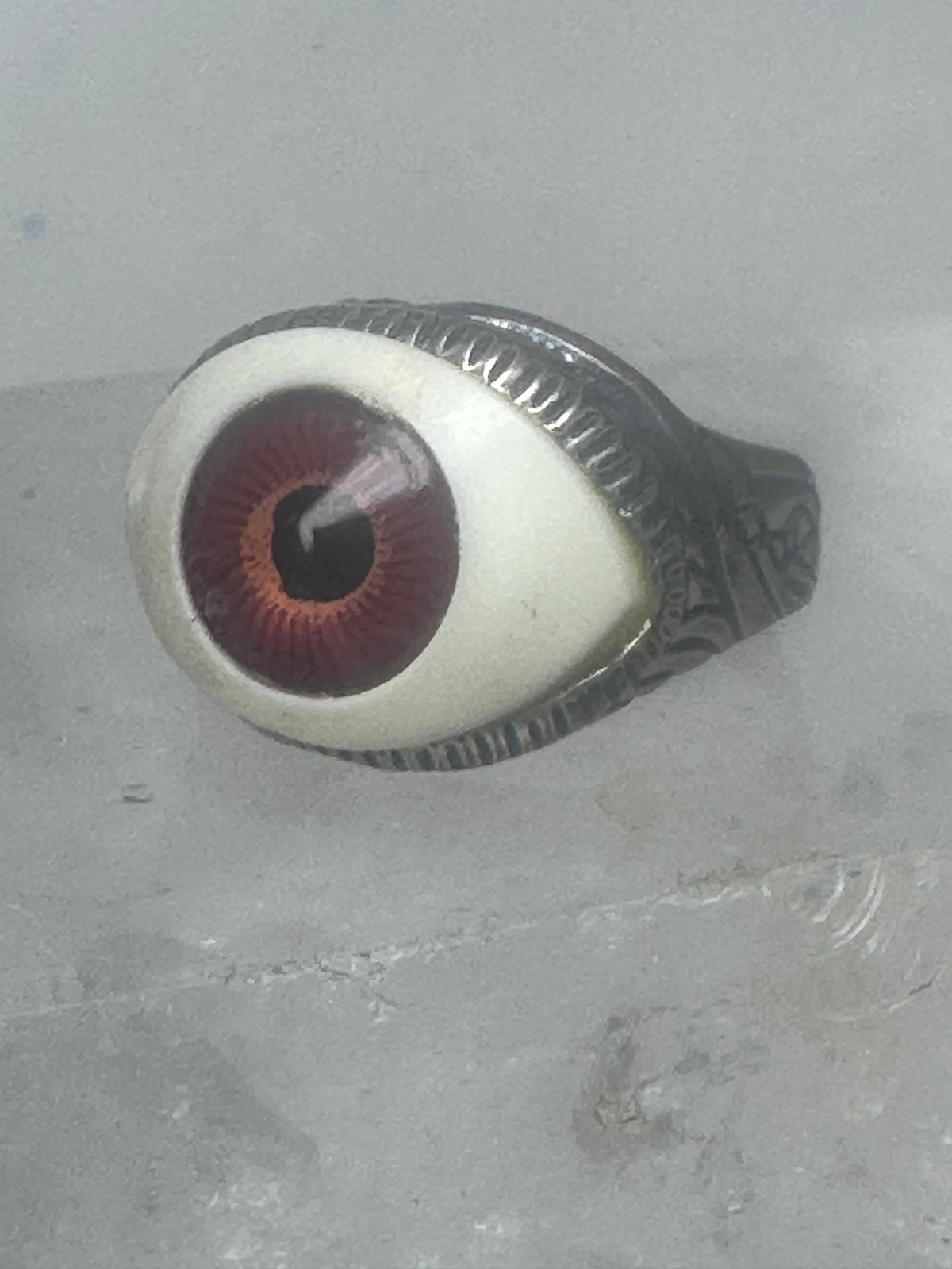 Vintage Sterling Silver Brown Eyeball Ring Gothic Statement Band Size 7.50 925