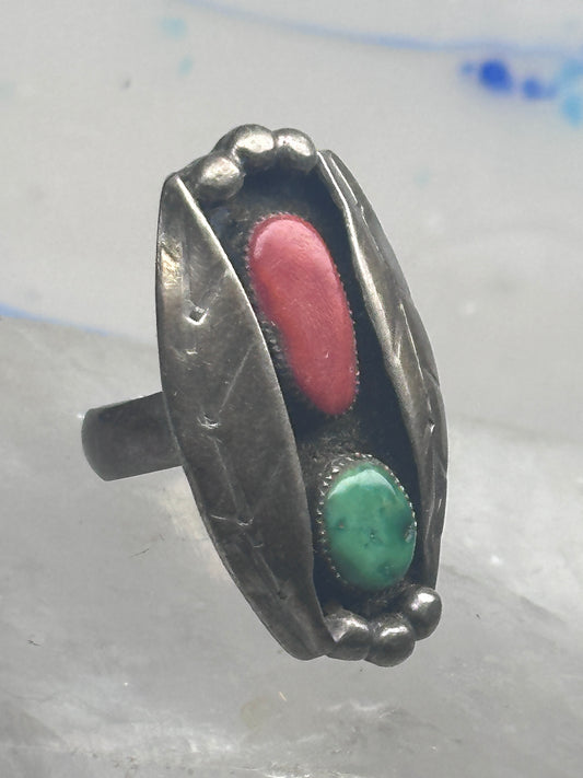 Vintage Sterling Silver Royston Green Turquoise Coral Shadowbox Ring Size 6.25 925