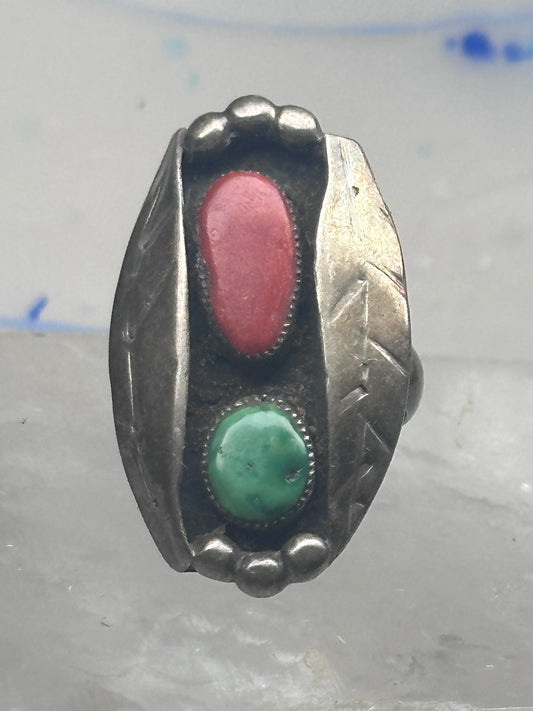 Vintage Sterling Silver Royston Green Turquoise Coral Shadowbox Ring Size 6.25 925