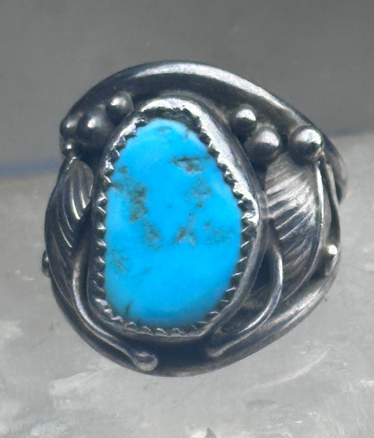 Vintage Sterling Silver Kingman Turquoise Stamped Leaf Ring Tom Ahasteen Size 10.50 925