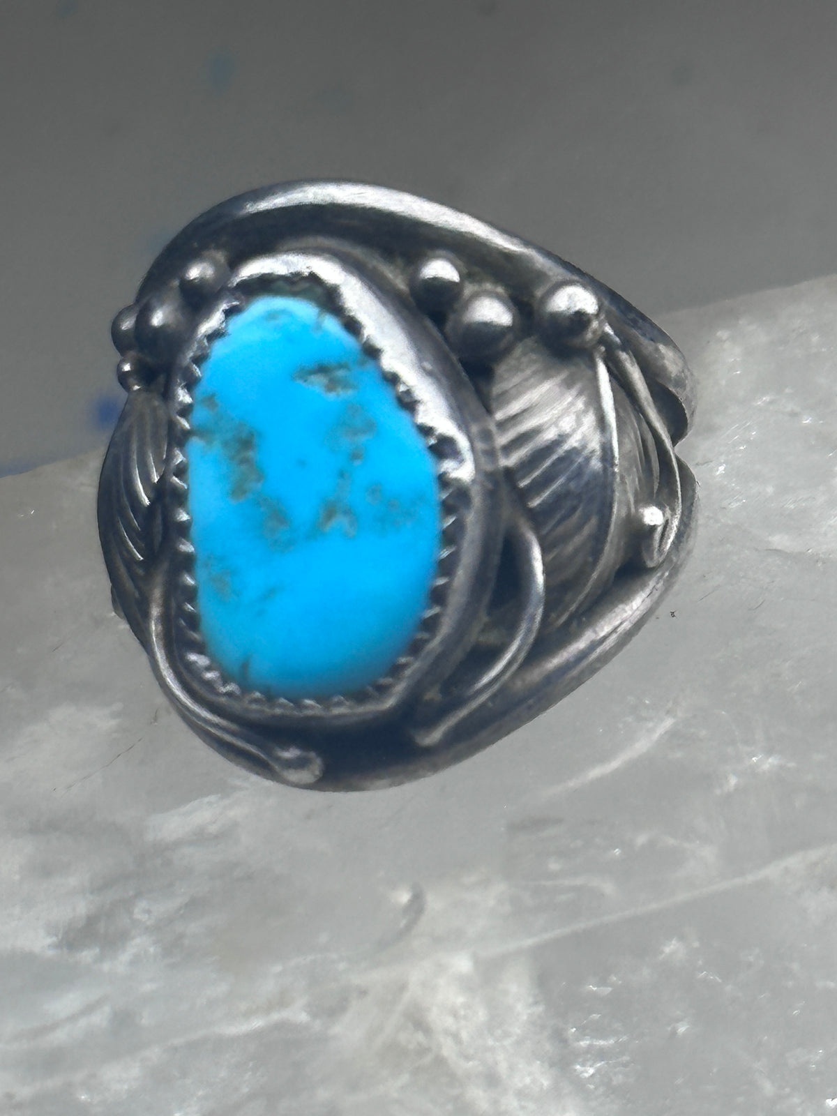 Vintage Sterling Silver Kingman Turquoise Stamped Leaf Ring Tom Ahasteen Size 10.50 925