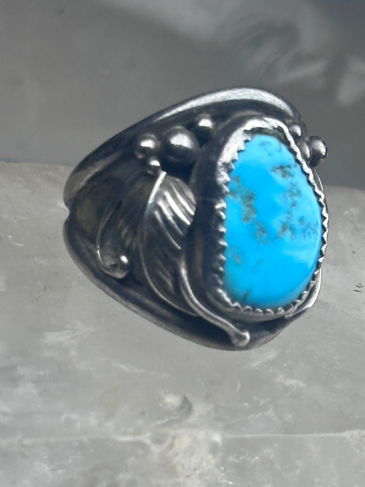 Vintage Sterling Silver Kingman Turquoise Stamped Leaf Ring Tom Ahasteen Size 10.50 925