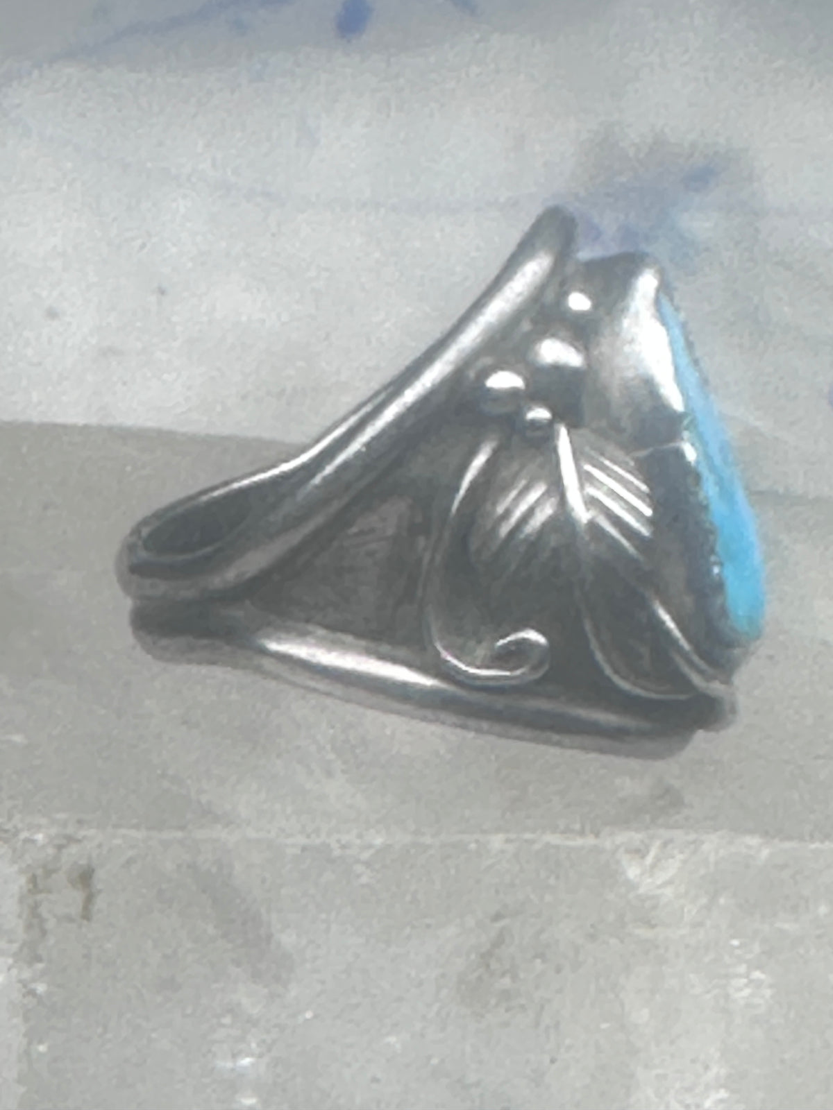 Vintage Sterling Silver Kingman Turquoise Stamped Leaf Ring Tom Ahasteen Size 10.50 925