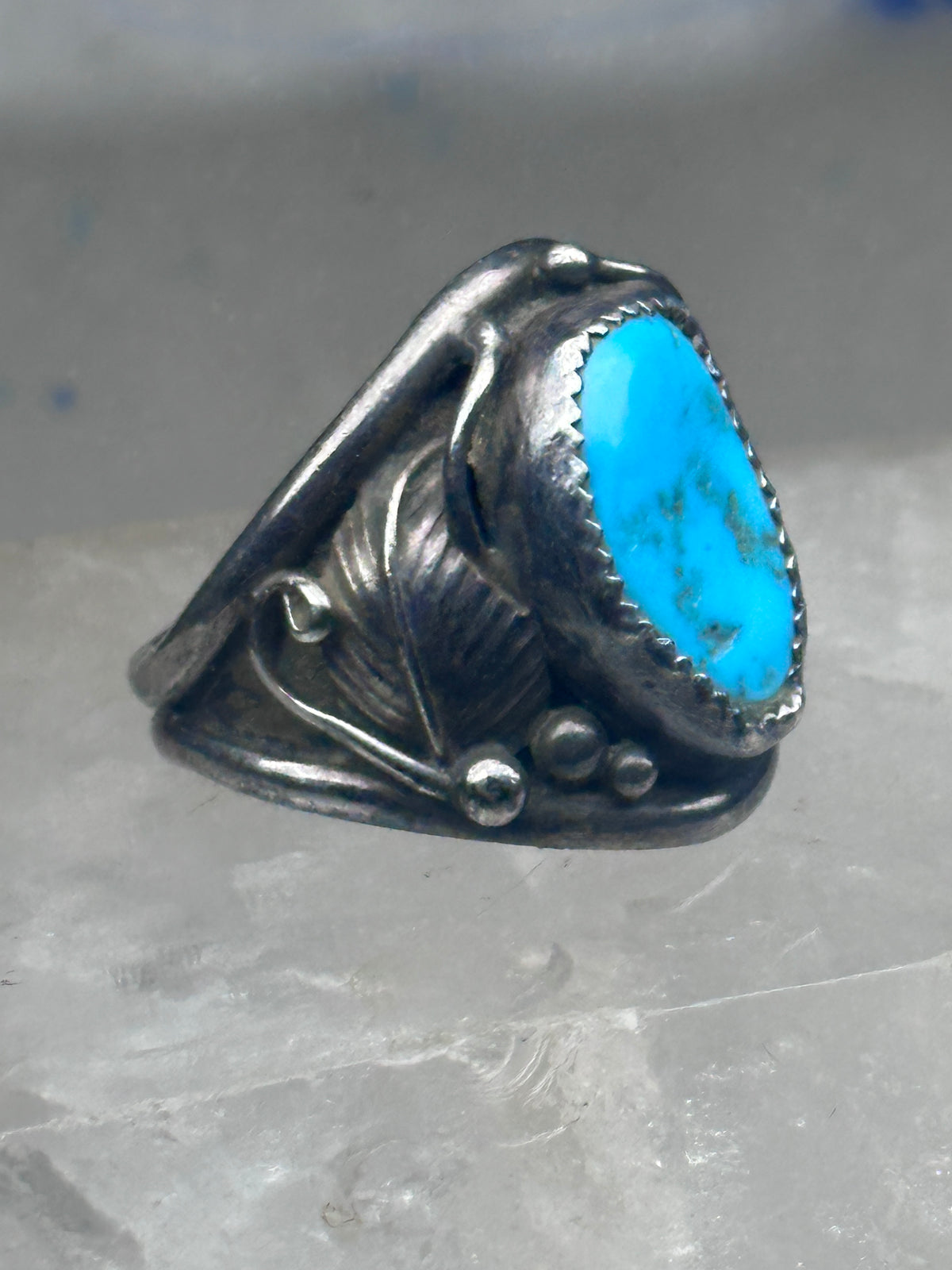 Vintage Sterling Silver Kingman Turquoise Stamped Leaf Ring Tom Ahasteen Size 10.50 925