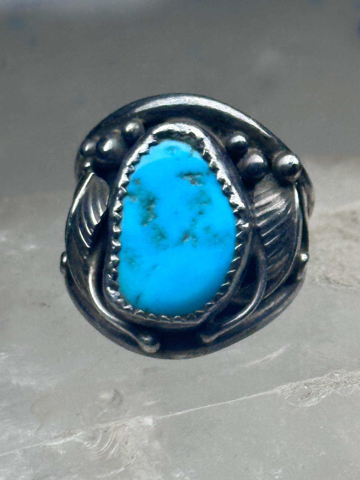 Vintage Sterling Silver Kingman Turquoise Stamped Leaf Ring Tom Ahasteen Size 10.50 925