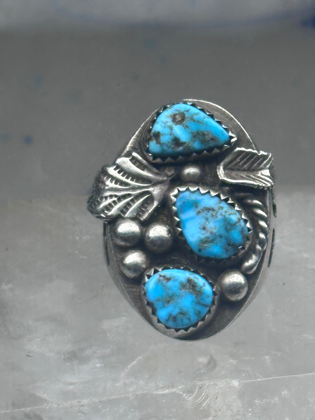 Vintage Sterling Silver Morenci Blue Turquoise Three Stone Leaf Ring Size 9.50 925
