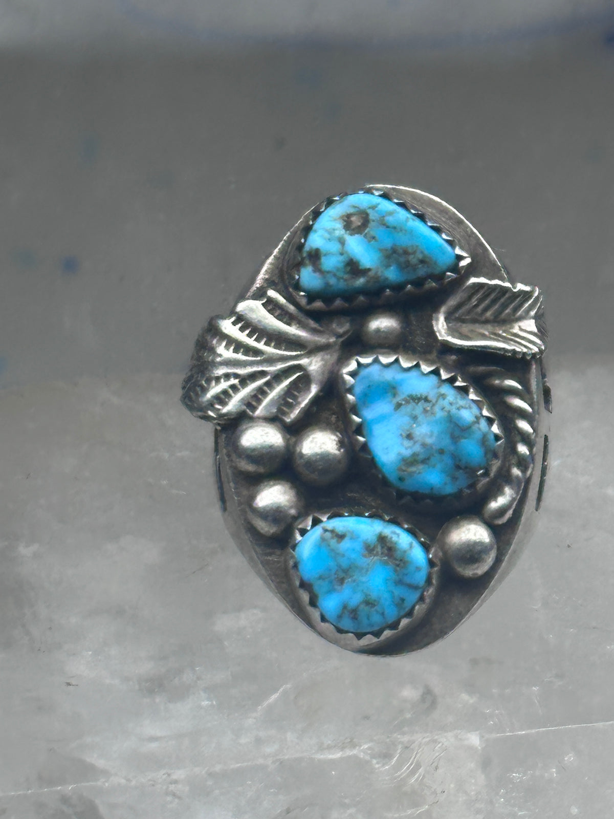 Vintage Sterling Silver Morenci Blue Turquoise Three Stone Leaf Ring Size 9.50 925