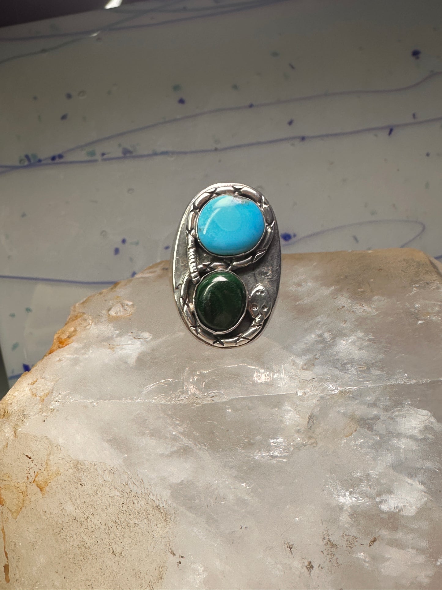 Navajo Ring Snake Turquoise malachite band size 10.5 sterling silver men women