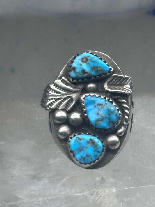 Vintage Sterling Silver Morenci Blue Turquoise Three Stone Leaf Ring Size 9.50 925