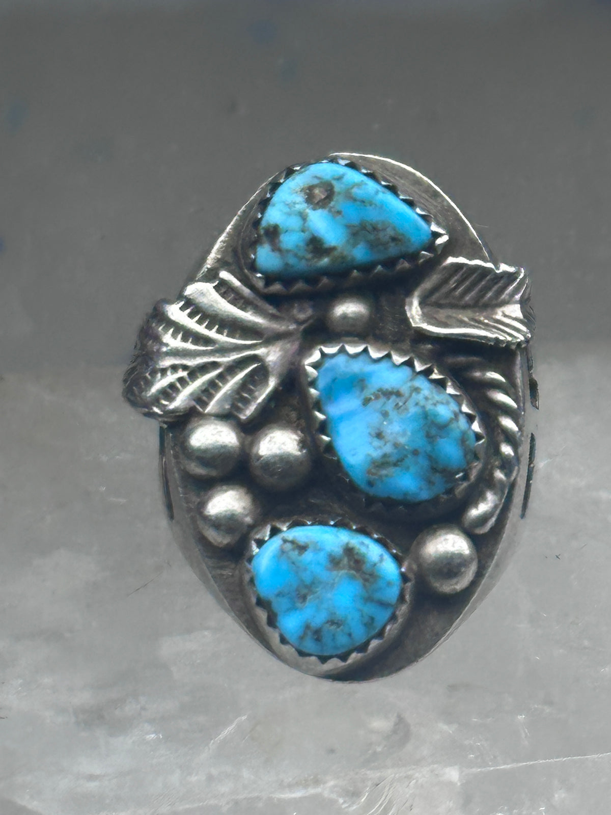 Vintage Sterling Silver Morenci Blue Turquoise Three Stone Leaf Ring Size 9.50 925