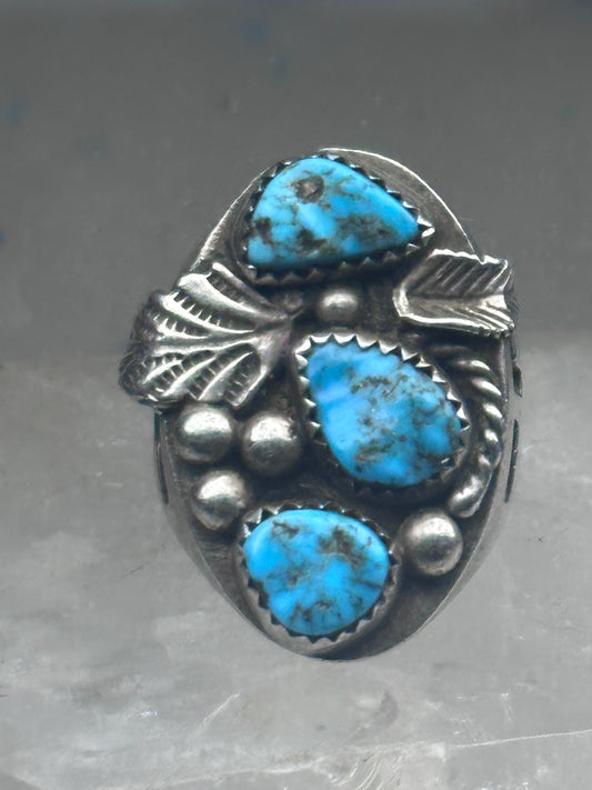 Vintage Sterling Silver Morenci Blue Turquoise Three Stone Leaf Ring Size 9.50 925