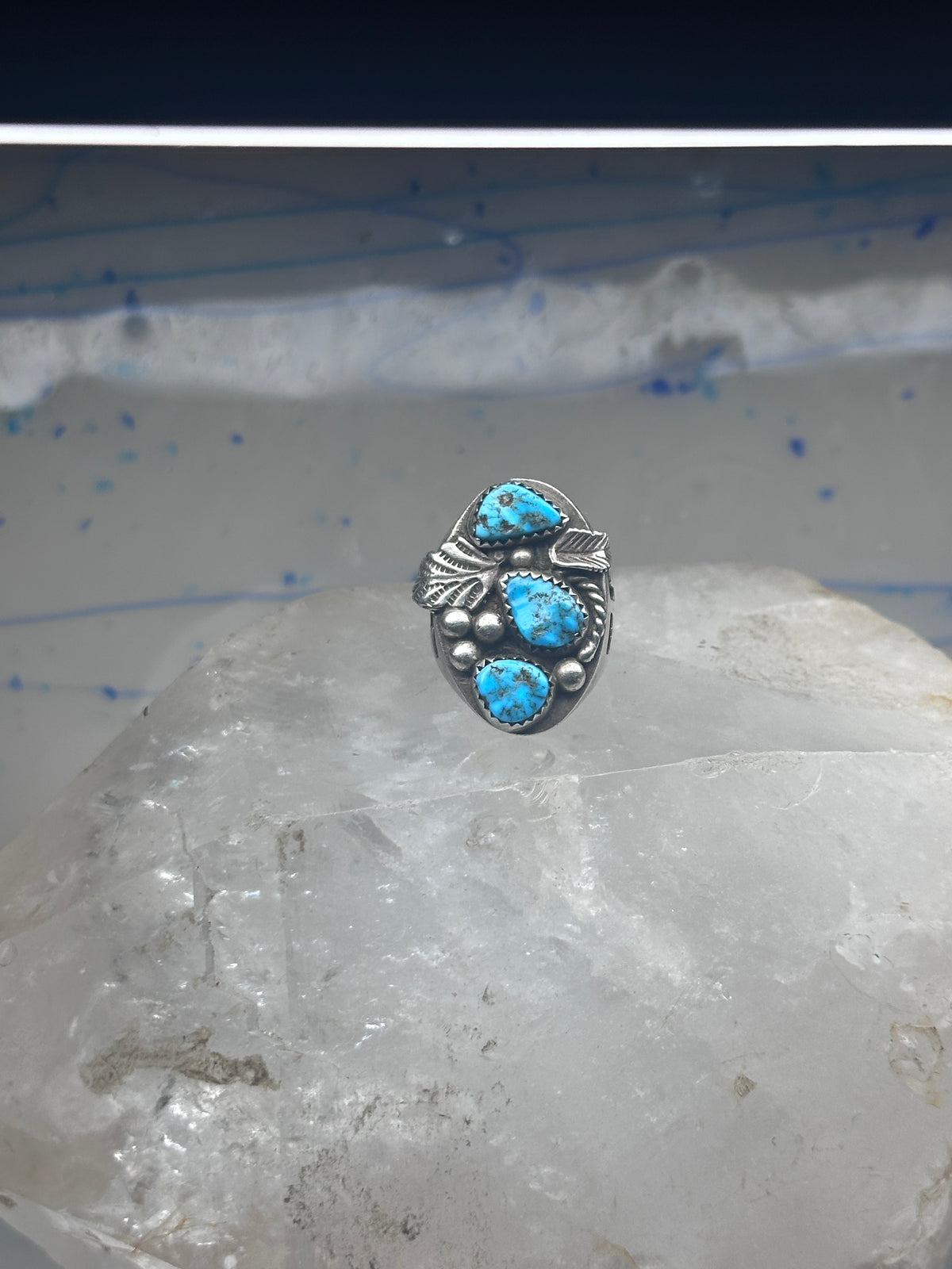 Vintage Sterling Silver Morenci Blue Turquoise Three Stone Leaf Ring Size 9.50 925