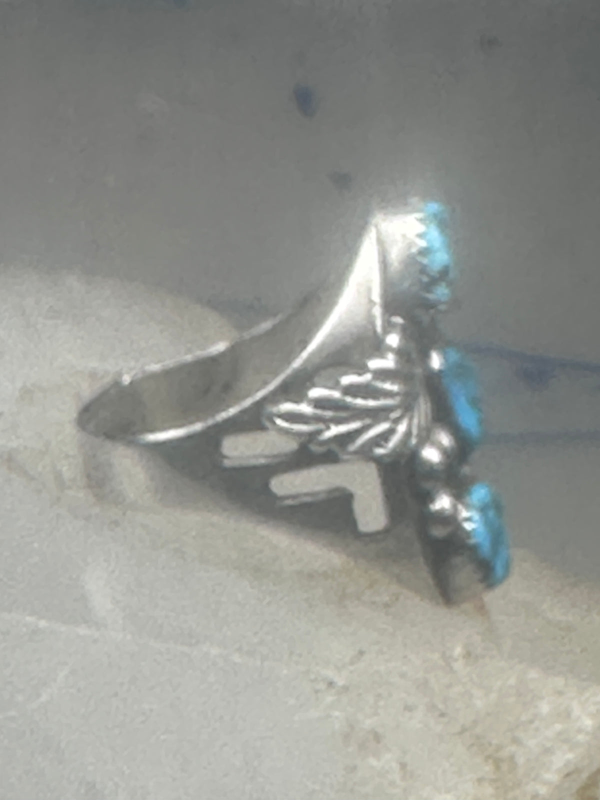 Vintage Sterling Silver Morenci Blue Turquoise Three Stone Leaf Ring Size 9.50 925