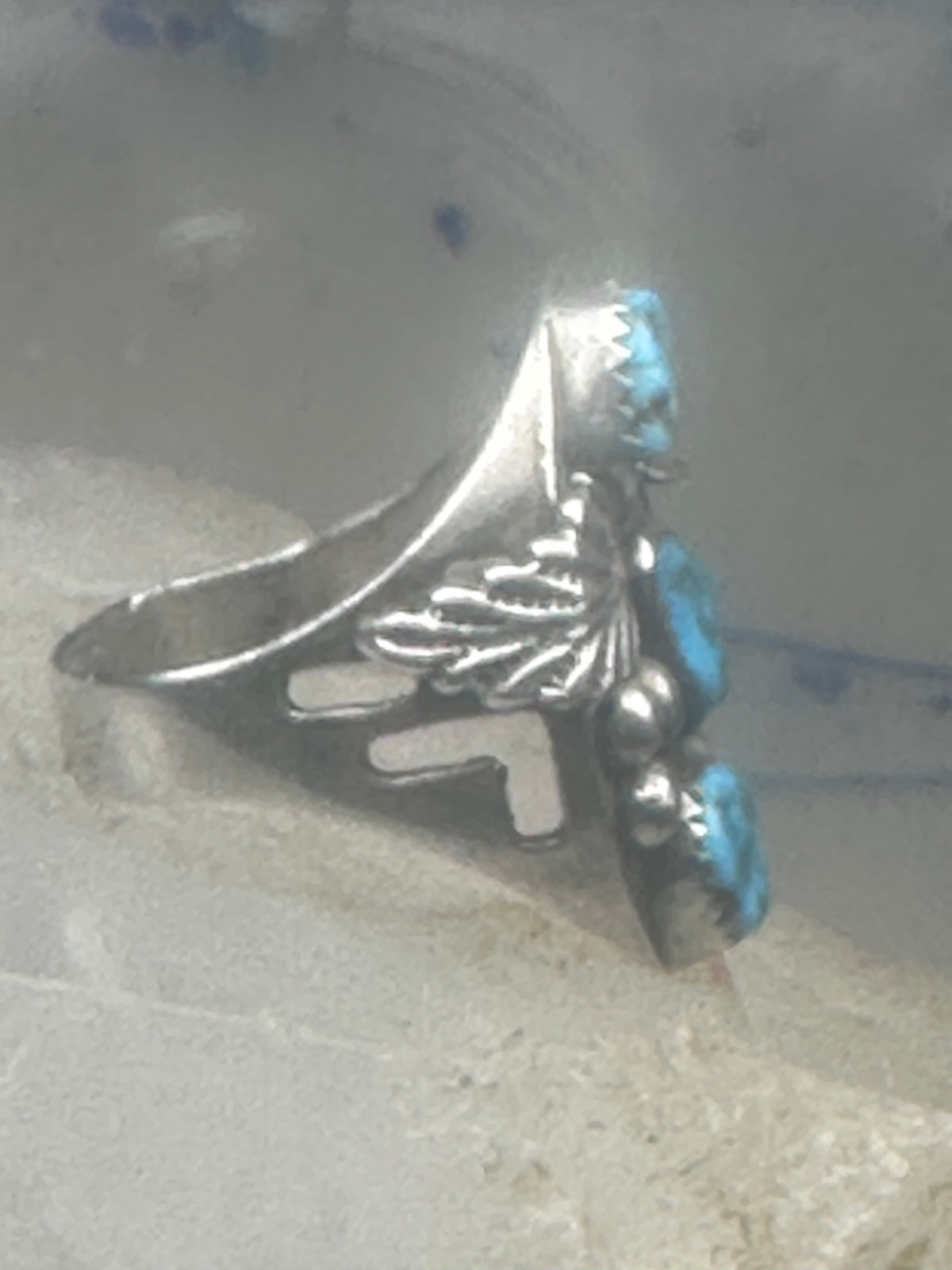 Vintage Sterling Silver Morenci Blue Turquoise Three Stone Leaf Ring Size 9.50 925