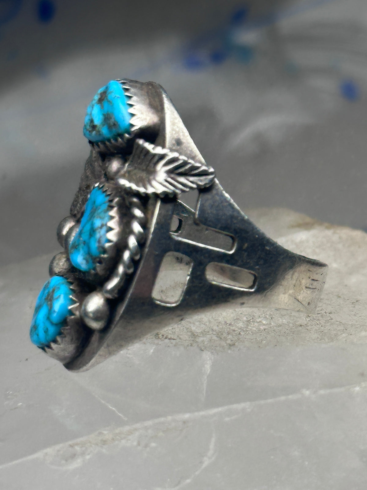Vintage Sterling Silver Morenci Blue Turquoise Three Stone Leaf Ring Size 9.50 925