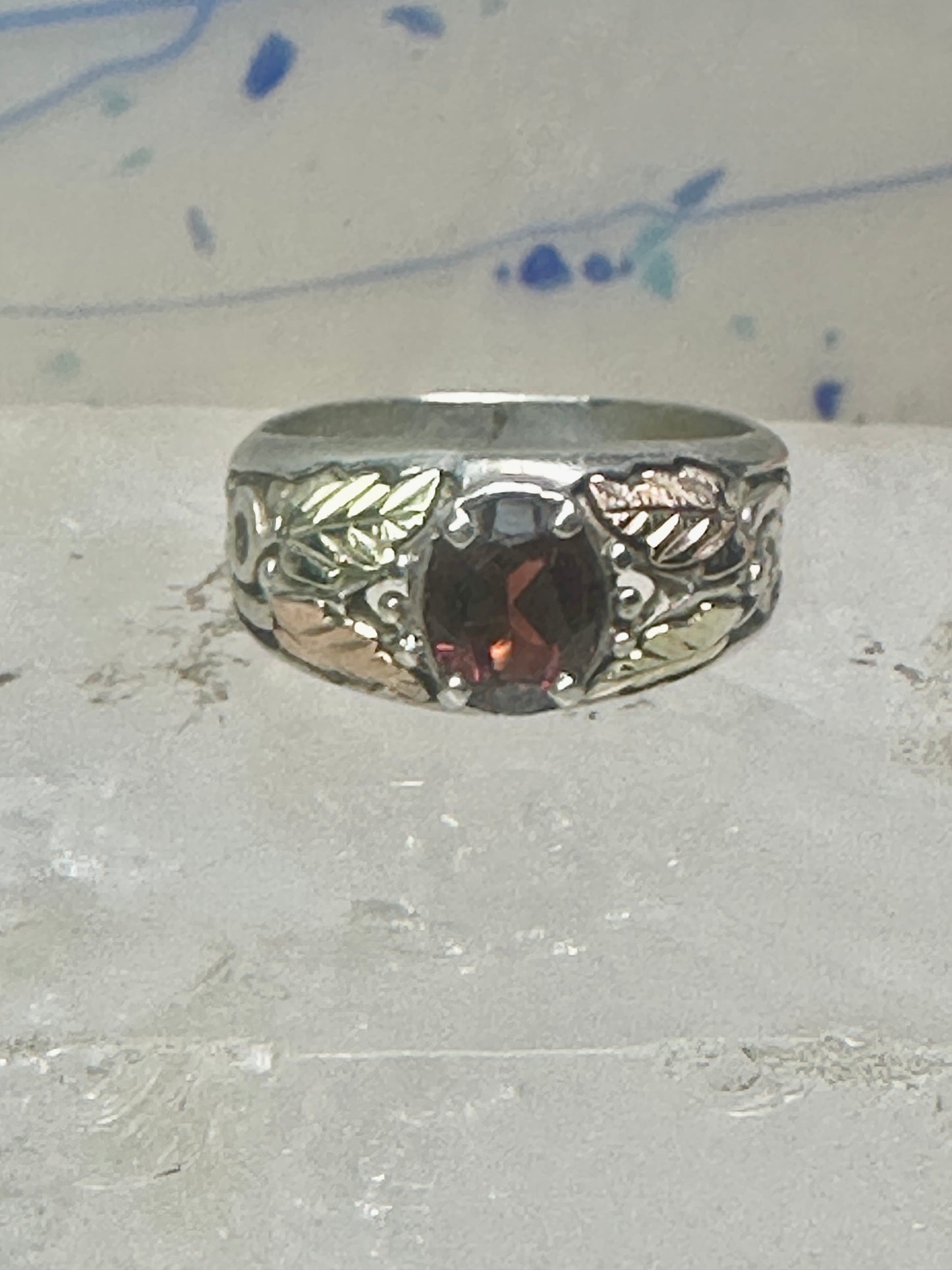 Black Hills ring garnet leaves wedding band size 7.7 sterling silver women men