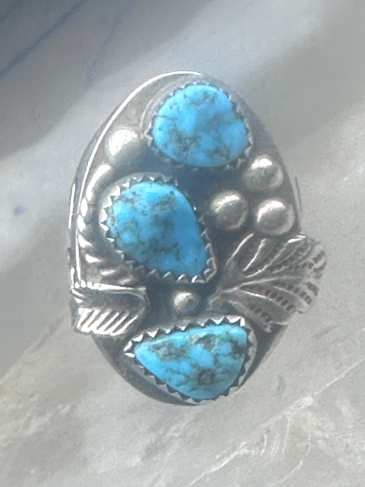 Vintage Sterling Silver Morenci Blue Turquoise Three Stone Leaf Ring Size 9.50 925