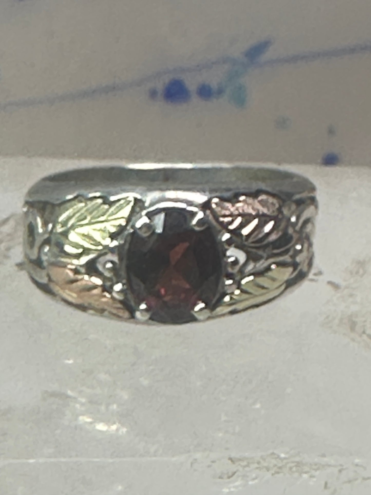 Black Hills ring garnet leaves wedding band size 7.7 sterling silver women men