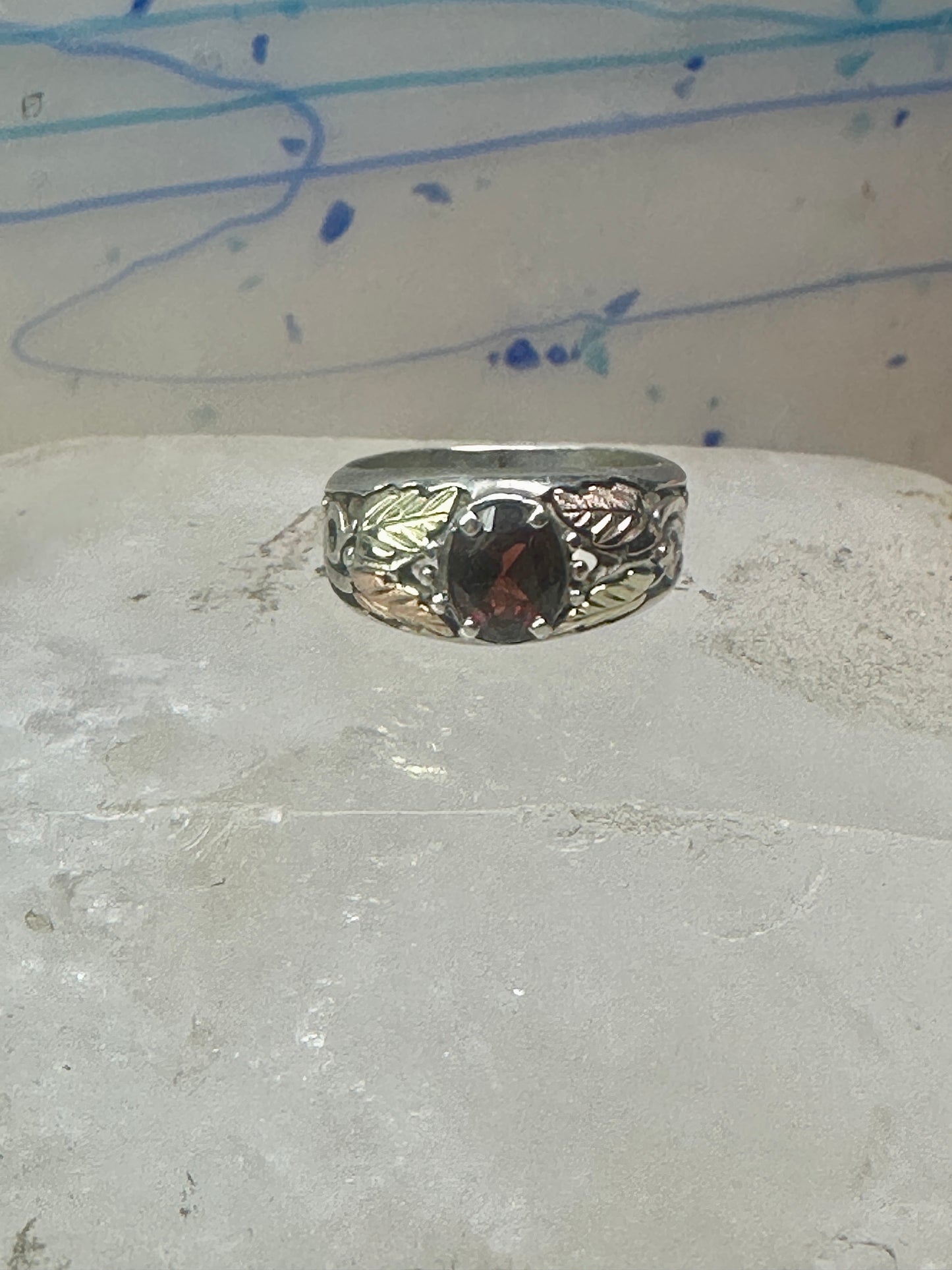 Black Hills ring garnet leaves wedding band size 7.7 sterling silver women men