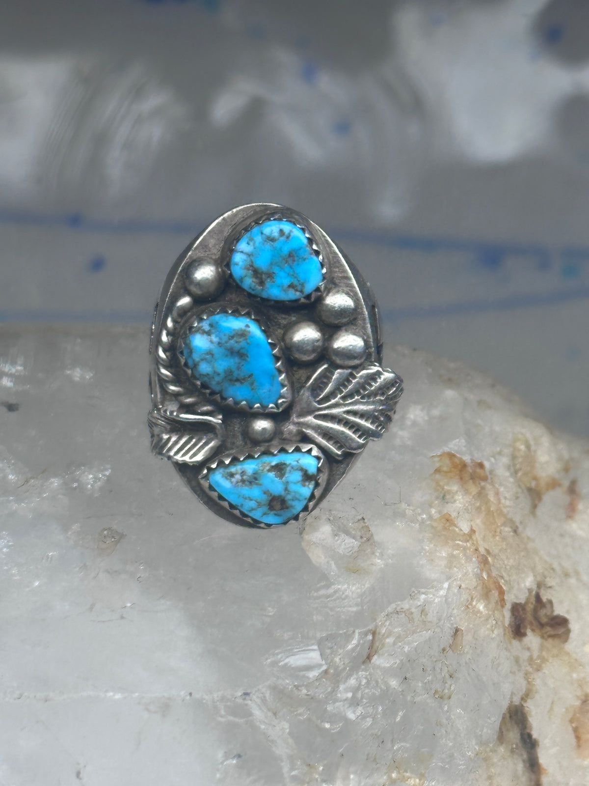 Vintage Sterling Silver Morenci Blue Turquoise Three Stone Leaf Ring Size 9.50 925