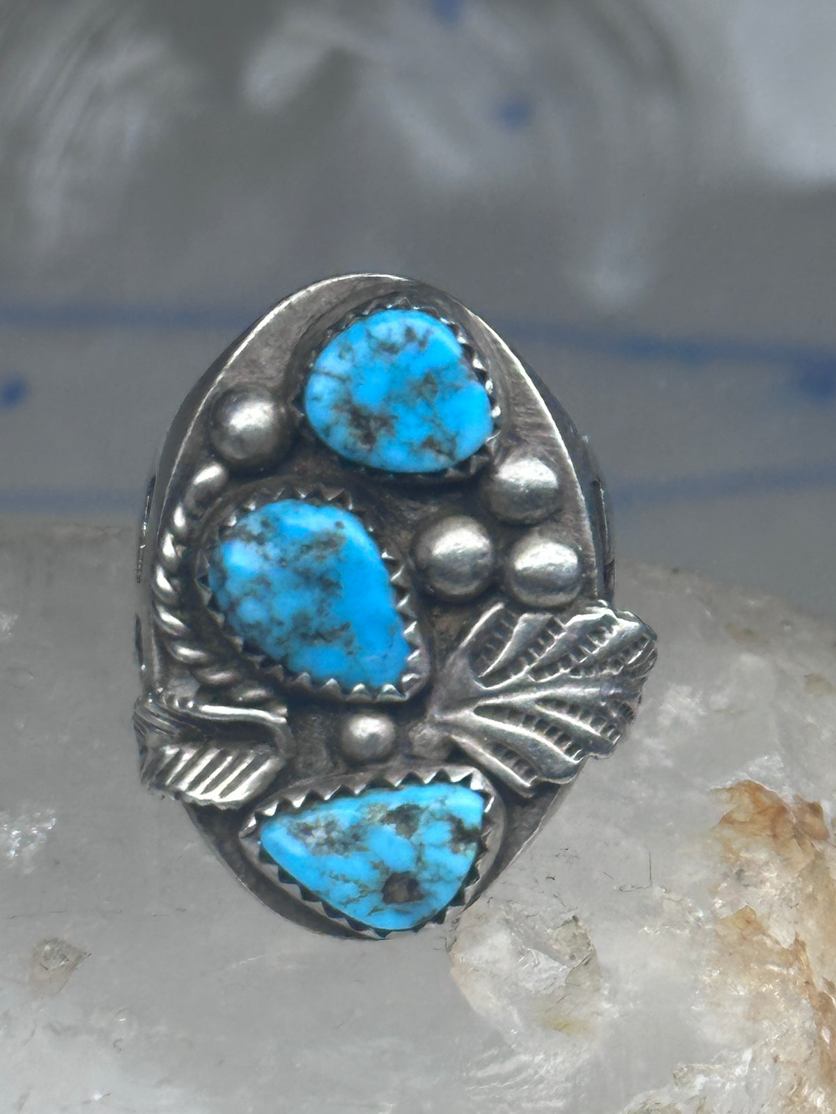 Vintage Sterling Silver Morenci Blue Turquoise Three Stone Leaf Ring Size 9.50 925