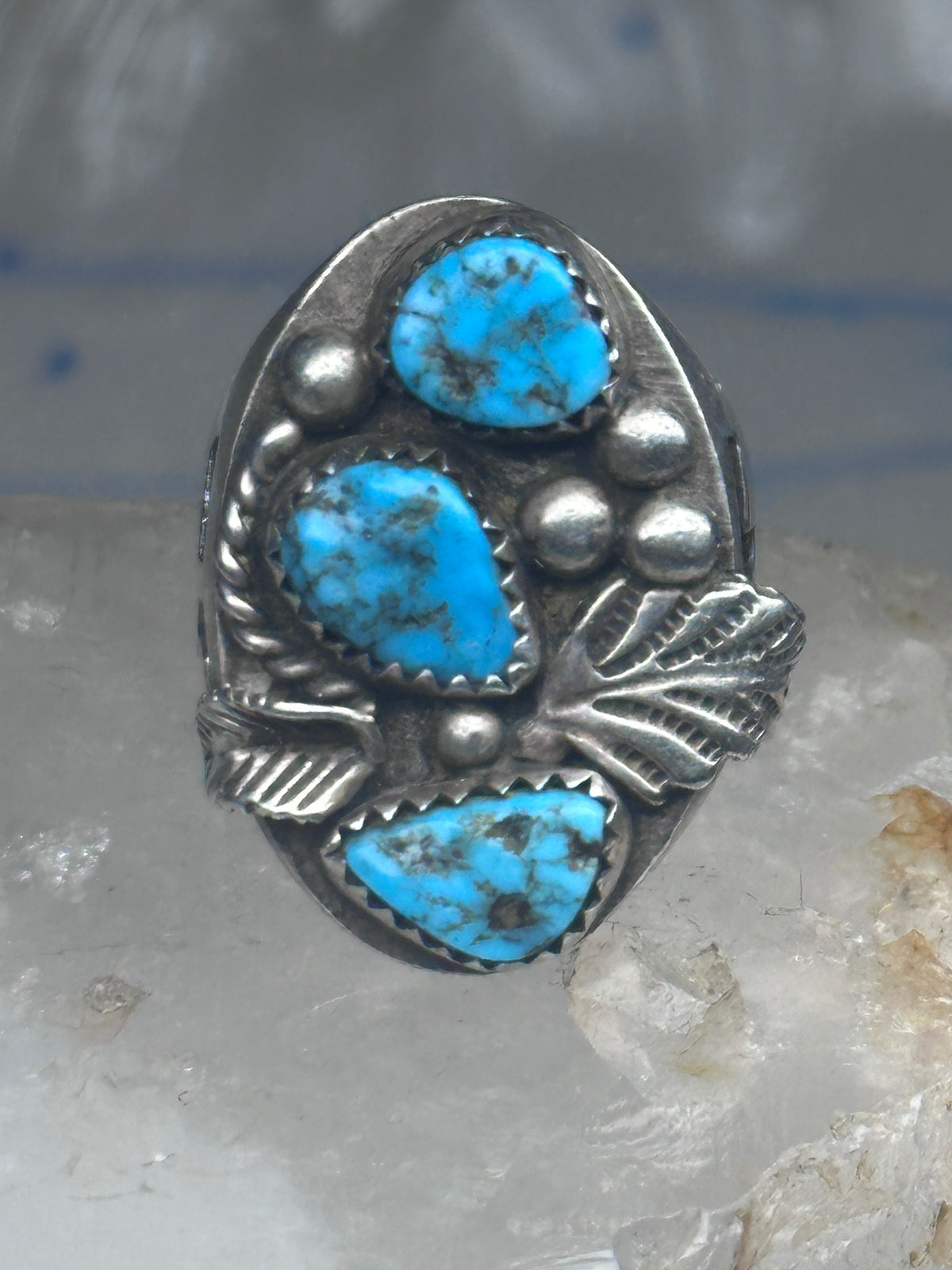 Vintage Sterling Silver Morenci Blue Turquoise Three Stone Leaf Ring Size 9.50 925