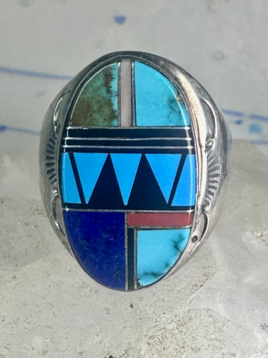 Zuni ring turquoise geometric inlay Size 11 sterling silver women men