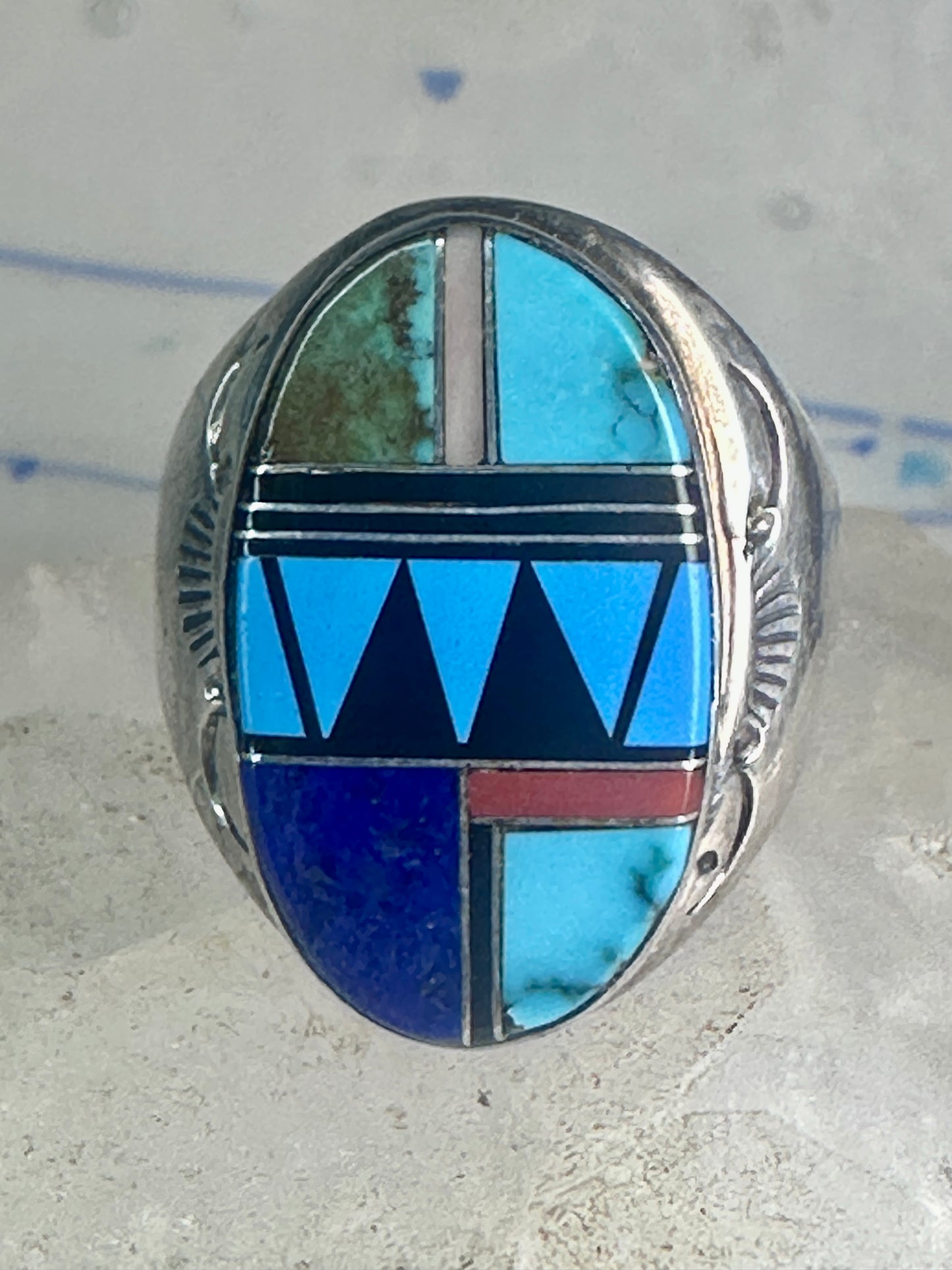 Zuni ring turquoise geometric inlay Size 11 sterling silver women men