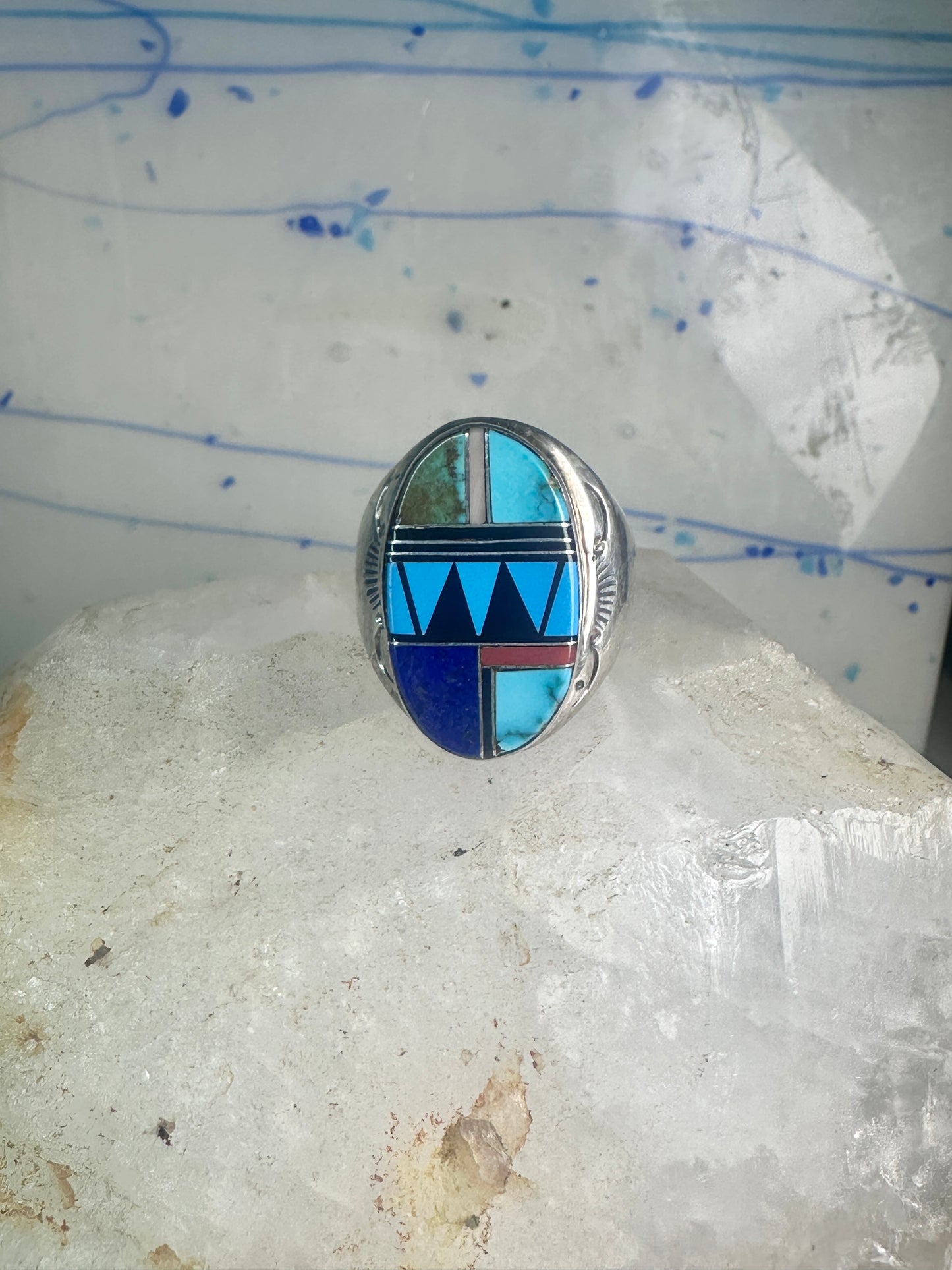 Zuni ring turquoise geometric inlay Size 11 sterling silver women men