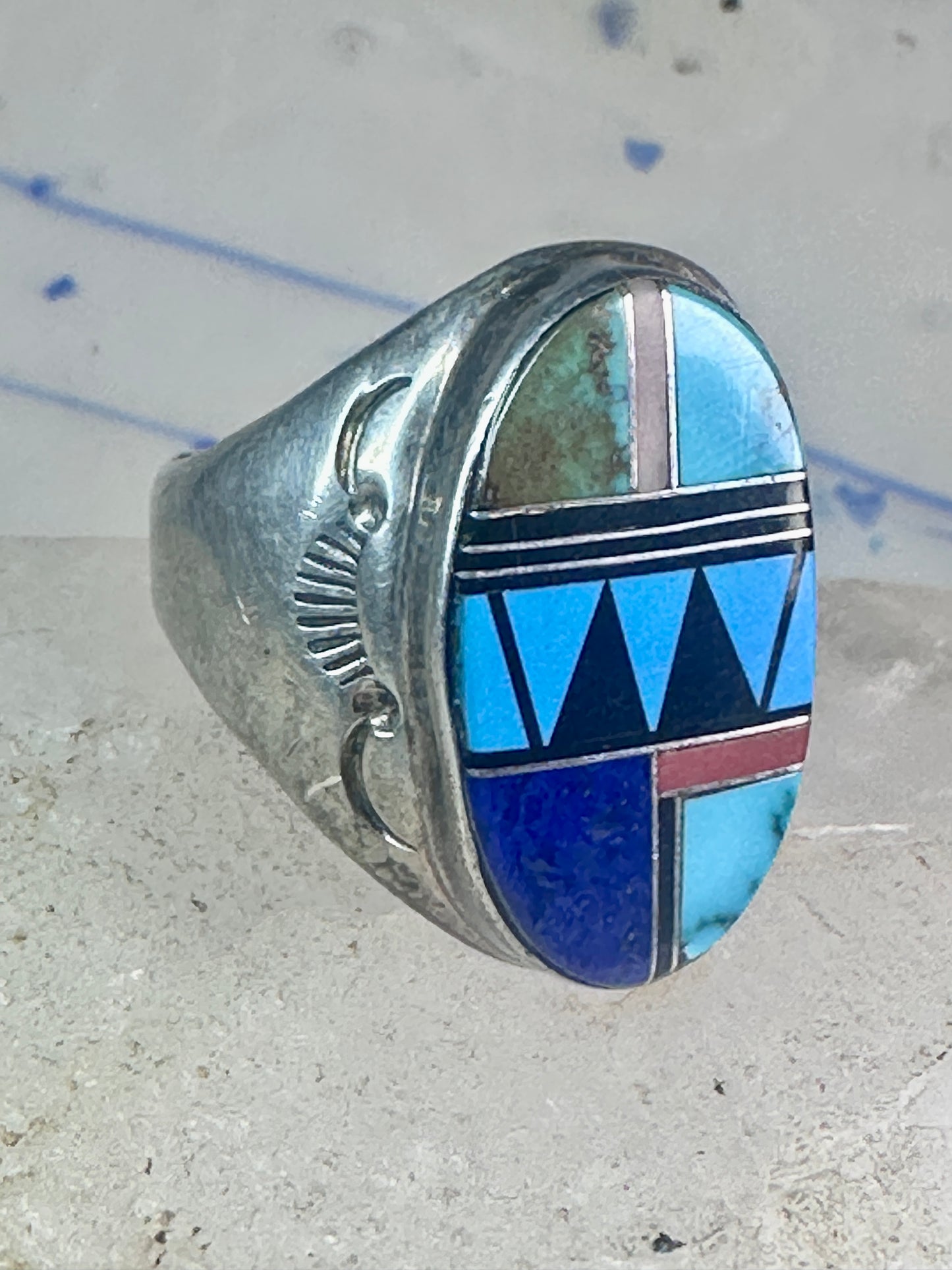 Zuni ring turquoise geometric inlay Size 11 sterling silver women men