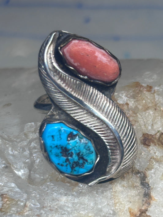 Vintage Sterling Silver Kingman Turquoise Coral Leaf Bypass Ring Size 6.75 925