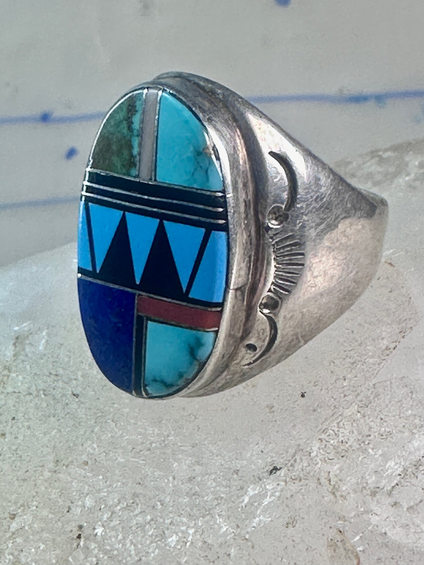 Zuni ring turquoise geometric inlay Size 11 sterling silver women men