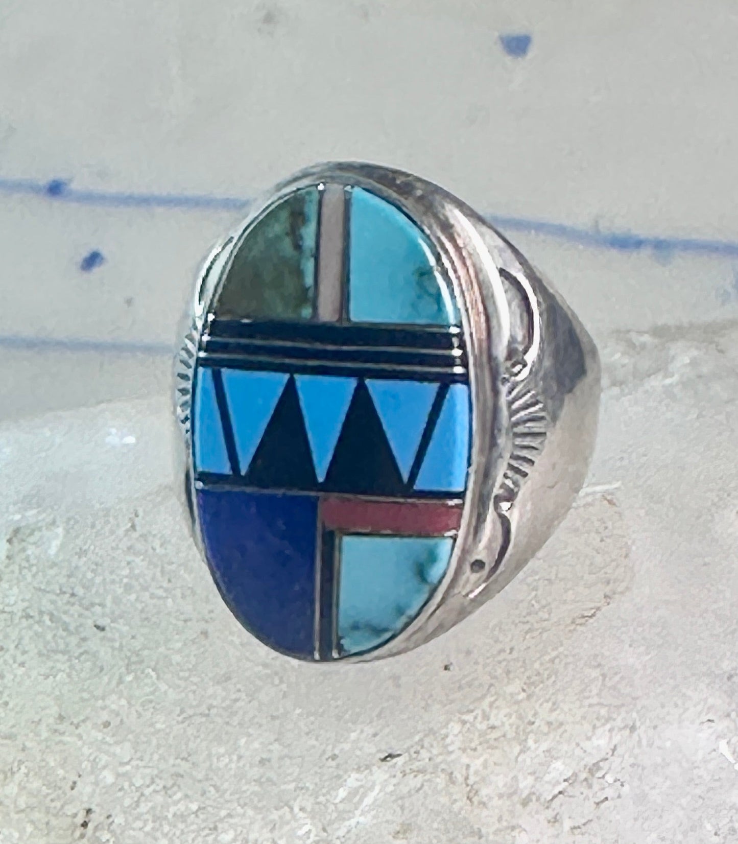 Zuni ring turquoise geometric inlay Size 11 sterling silver women men
