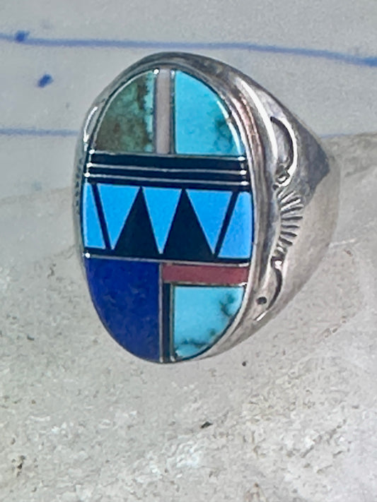 Zuni ring turquoise geometric inlay Size 11 sterling silver women men