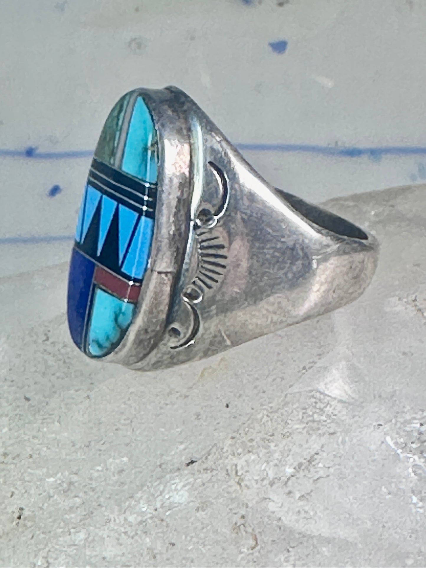 Zuni ring turquoise geometric inlay Size 11 sterling silver women men