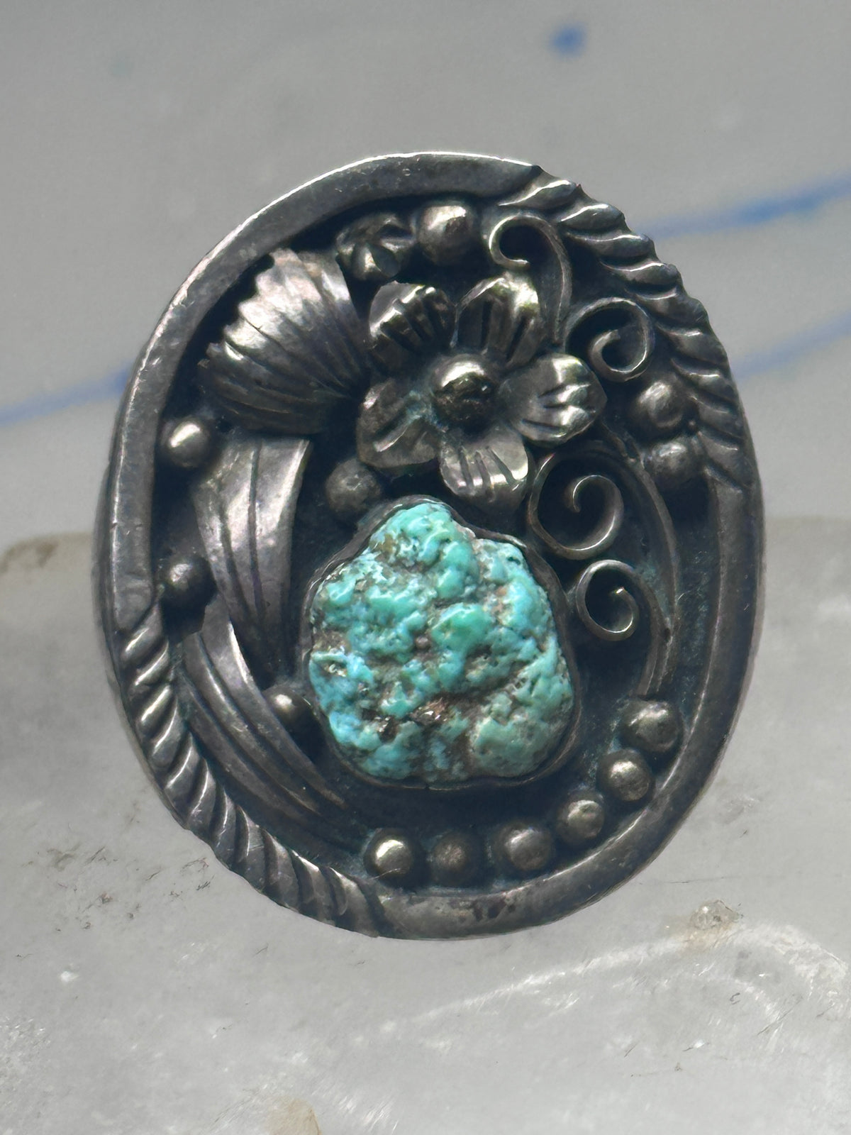 Vintage Sterling Silver Royston Green Turquoise Flower Leaf Ring Size 9 9.50 925