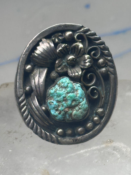Vintage Sterling Silver Royston Green Turquoise Flower Leaf Ring Size 9 9.50 925