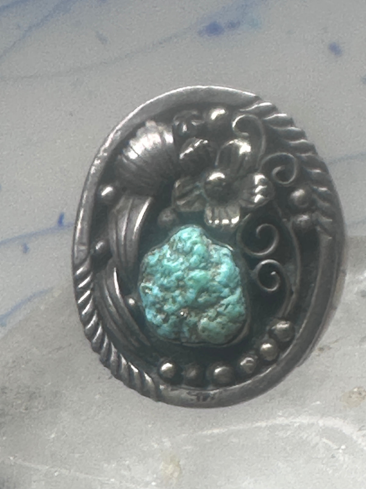 Vintage Sterling Silver Royston Green Turquoise Flower Leaf Ring Size 9 9.50 925