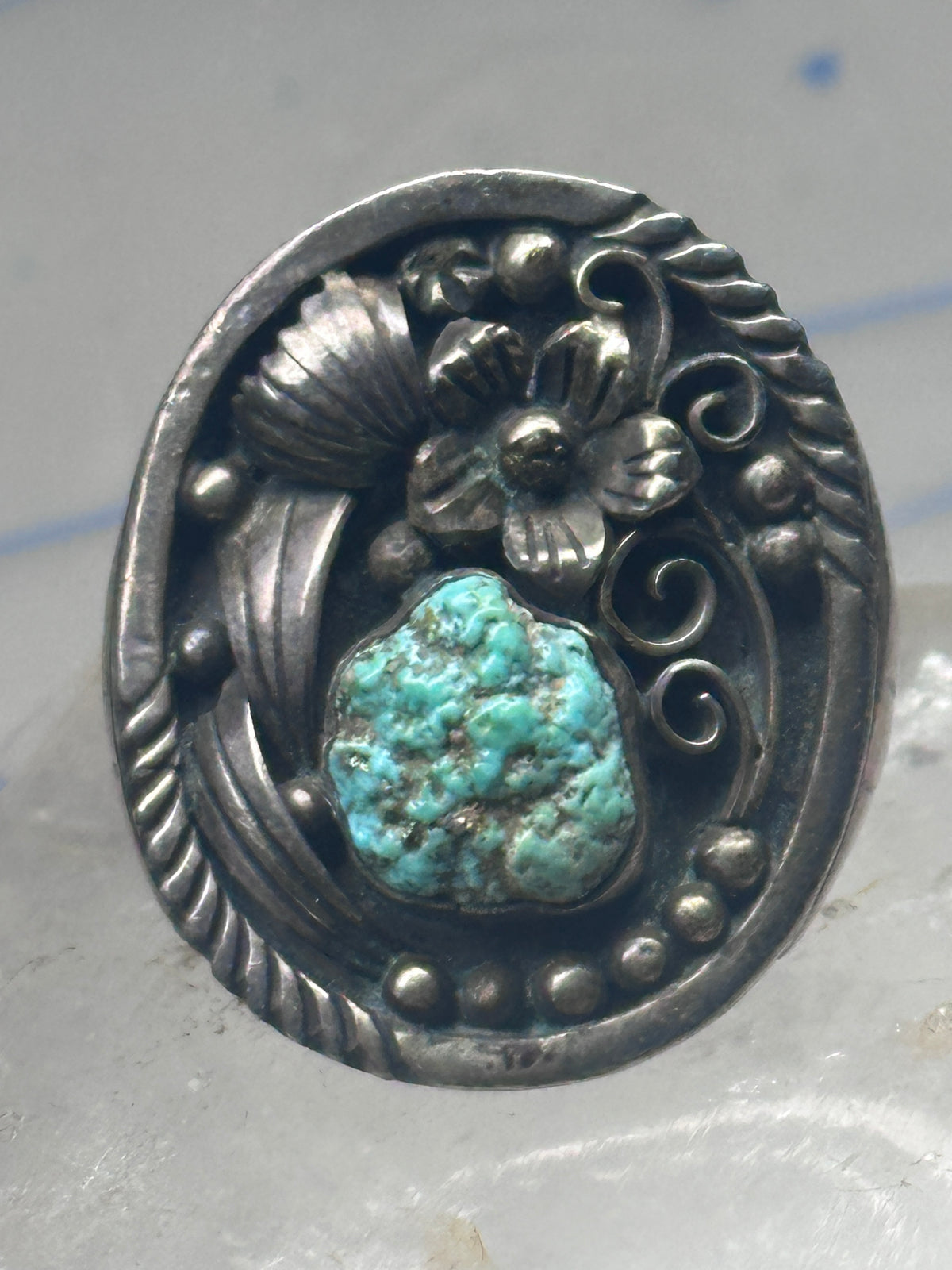 Vintage Sterling Silver Royston Green Turquoise Flower Leaf Ring Size 9 9.50 925