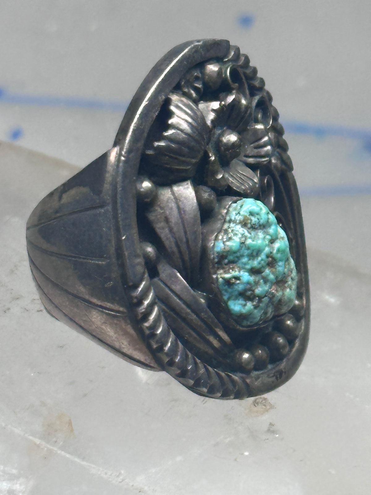 Vintage Sterling Silver Royston Green Turquoise Flower Leaf Ring Size 9 9.50 925