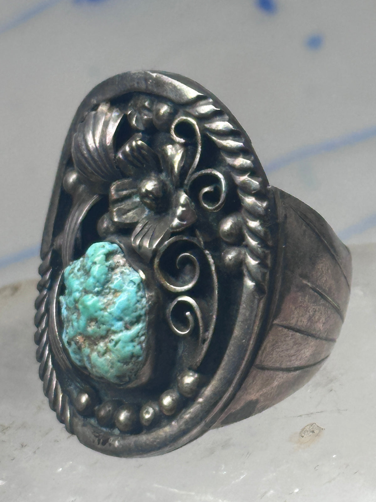 Vintage Sterling Silver Royston Green Turquoise Flower Leaf Ring Size 9 9.50 925