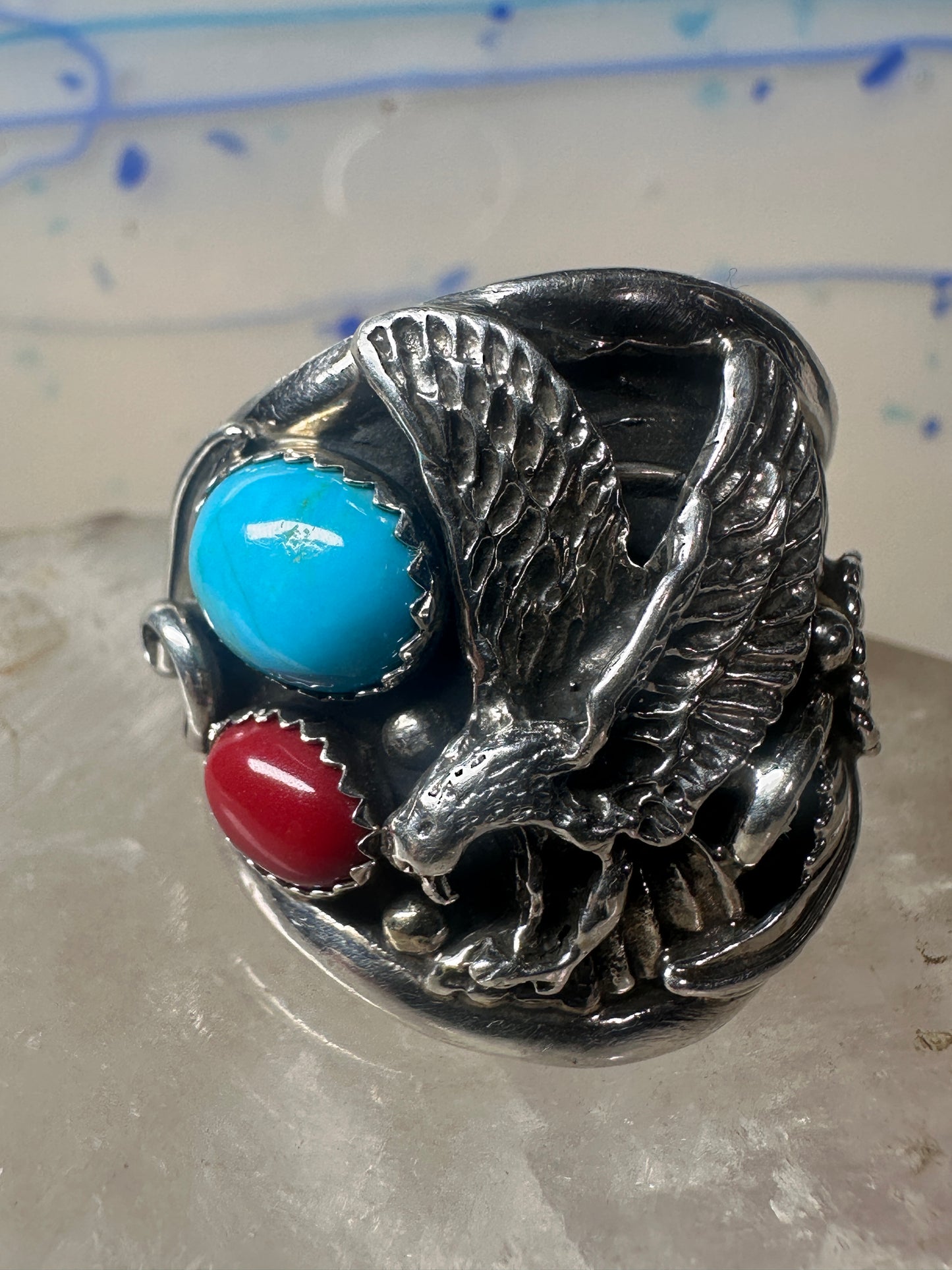 Eagle ring turquoise coral Navajo size 13.50 signed A sterling silver men