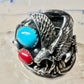 Eagle ring turquoise coral Navajo size 13.50 signed A sterling silver men