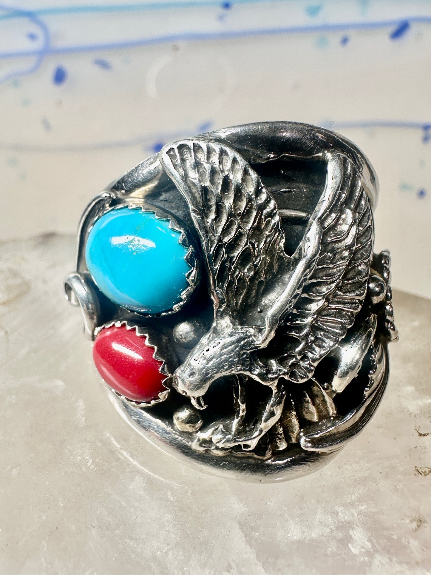 Eagle ring turquoise coral Navajo size 13.50 signed A sterling silver men